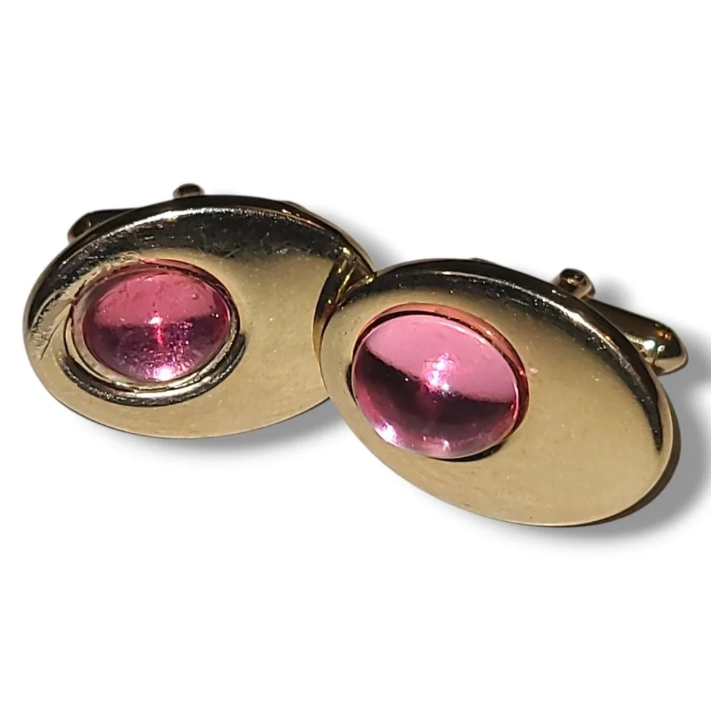 Vintage Gold Tone Pink Cabochon Cufflinks Oval Mens Formal Retro
